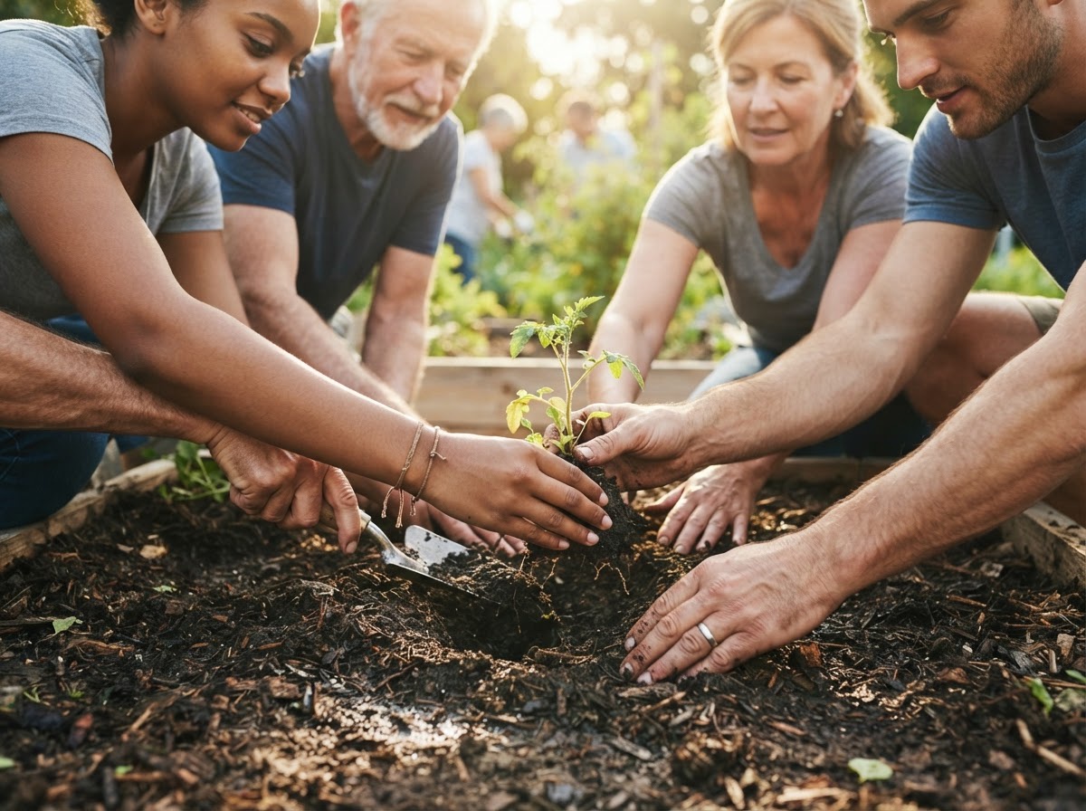 Diverse hands planting a seedling